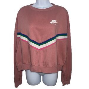 NIKE Sportswear Heritage Fleece Crop Sweatshirt Pink Stripe Women Large